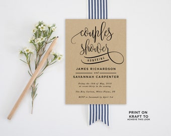 Couples Shower Invitation Template | Editable Invitation Printable | Engagement Couples Shower Calligraphy Kraft Invite | No. PW 5336