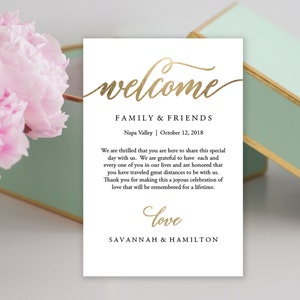 Wedding Welcome Bag Note, Gold, Wedding, Calligraphy, Welcome Bag Letter, Printable, Custom, Instant Download, Editable 4x6 No. EDN 5208 image 3