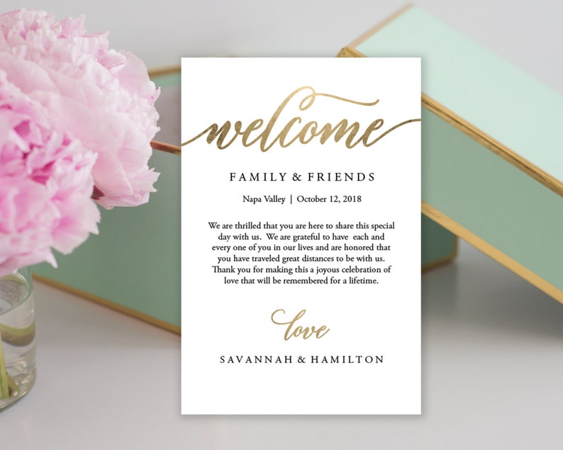 Wedding Welcome Bag Note, Gold, Wedding, Calligraphy, Welcome Bag Letter, Printable, Custom, Instant Download, Editable 4x6 No. EDN 5208 image 3