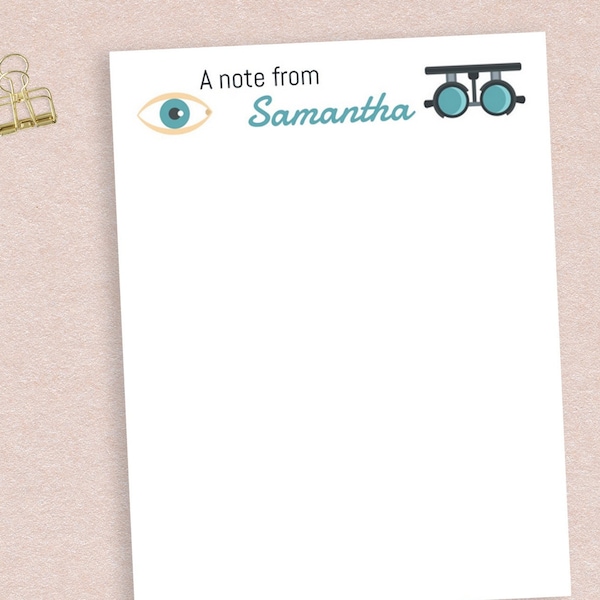 Personalized Notepad with Optometry Design and Custom Name // 50 sheets per pad, 4"x5.5" size custom text gift idea bulk stationery eye icon