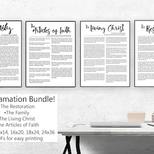 Puede incluir: Un paquete de descarga digital de cuatro proclamaciones imprimibles de La Iglesia de Jesucristo de los Santos de los Últimos Días: La Familia: Una Proclamación para el Mundo, El Cristo Viviente: El Testimonio de los Apóstoles, Los Artículos de Fe y La Restauración del Evangelio de Jesucristo. El paquete incluye cinco tamaños diferentes: 20x25 cm, 28x35 cm, 40x50 cm, 45x60 cm y 60x90 cm.