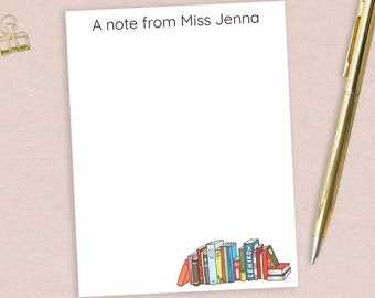 Custom Notepad with Books Design // 50 sheets per stack, 4"x5.5" size // gift idea bulk teacher appreciation personalized stationery library