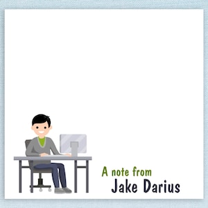 Custom Name Sticky Notes // man at desk, secretary boss gift idea, customizable paper stick notes, worker stationery, programmer, computer