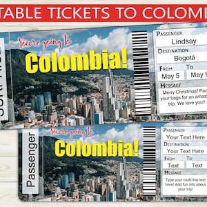 Aangepaste tickets naar Colombia // afdrukbare Adobe bewerkbare PDF // vakantie-onthulling, reisverrassing, pas de tekstnaam van de digitale bestandsinstapkaart aan