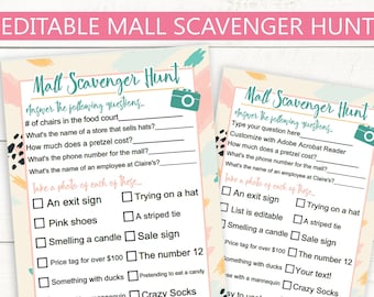 Editable Mall Scavenger Hunt // Instant Download PDF // Birthday Party Game, checklist, printable custom edit text, photo hunt, digital diy