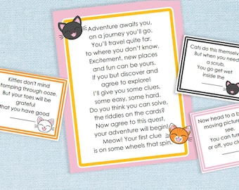 Printable Cat Treasure Hunt Clues // Editable PDF with 12 Rhyming Clues // instant download, party game birthday, indoor game, fun, for kids