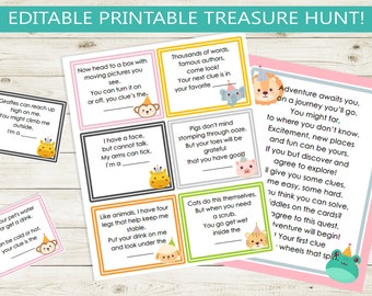 May include: Printable treasure hunt game cards with colorful backgrounds and animal illustrations. Each card has a riddle or clue with a blank line for the answer. The cards feature a giraffe, monkey, pig, cat, and frog.