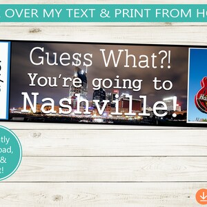 Op de afbeelding: Printbaar ticketontwerp met een foto van de skyline van Nashville en een Hard Rock Cafe-gitaarschild. De tekst op het ticket luidt "Raad eens?! Je gaat naar Nashville!" en "Zomer 2020 Taylor".