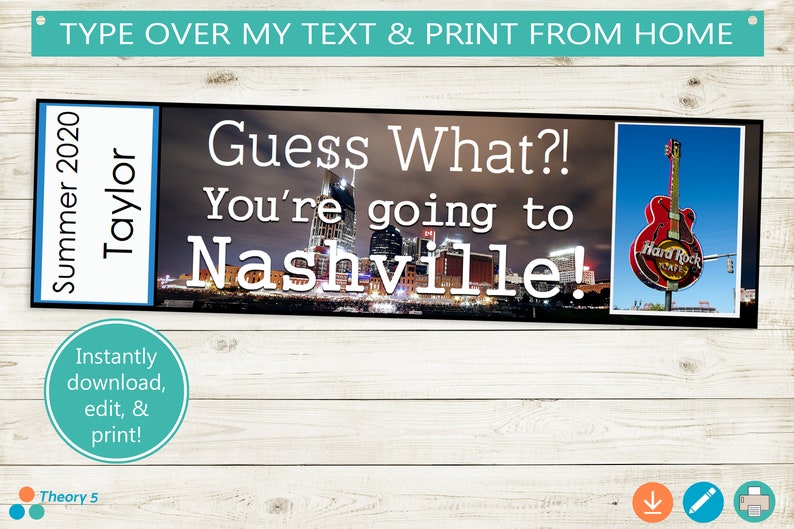 Op de afbeelding: Printbaar ticketontwerp met een foto van de skyline van Nashville en een Hard Rock Cafe-gitaarschild. De tekst op het ticket luidt "Raad eens?! Je gaat naar Nashville!" en "Zomer 2020 Taylor".