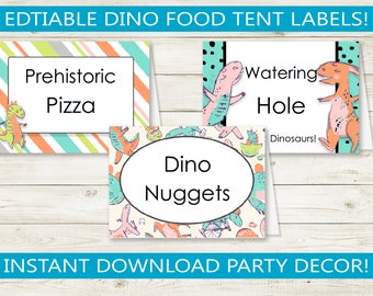 Editable Dinosaur Tent Cards // Printable PDF, food labels, custom party decor, decorations, dinos birthday party, baby shower, 1st birthday