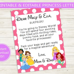 Carta de revelación de viaje // PDF editable en Adobe // Vacation World Land, Princesa, nota, personalizado, imprimible, hogar de bricolaje, personajes, rosa, niños