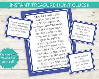 May include: Four blue cards with white borders and white text. The cards contain clues for a treasure hunt. The text on the cards reads: "Protect yourself when stomping through ooze. Your toes will be grateful that you have good", "Adventure awaits you, on a journey you'll go. You'll travel quite far, to where you don't know. Excitement, new places and fun can be yours. If you but discover and agree to explore! I'll give you some clues, some easy, some hard. Do you think you can solve, the riddles on the cards? Now agree to this quest, your adventure will begin! Oh boy! Your first clue is on some wheels that spin", "Thousands of words, famous authors, come look! Your next clue is in your favorite", "Turn me on to get a drink. I can be cold or hot, your clue is the"
