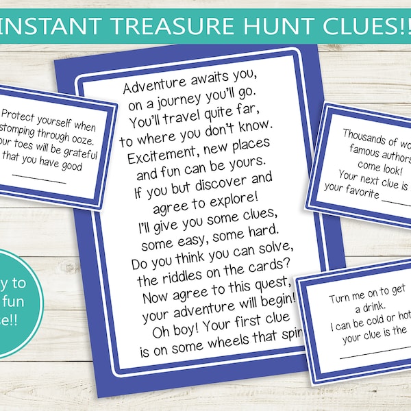 Afdrukbare Treasure Hunt Clues//instant download PDF, verrassingsspeurtocht, party game verjaardag pdf-bestand, rijmende aanwijzingen, raadsel voor kinderen