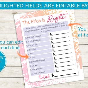 Editable Printable the Price is Right Baby Shower Game // Pink and ...