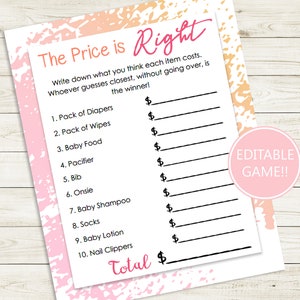 Editable Printable The Price is Right Baby Shower Game // Pink and Orange, template, party games, printable baby shower game, guess price