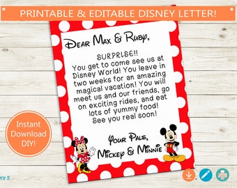 Printable and Editable Letter Vacation Trip Reveal // Editable PDF // surprise letter, character, trip, cute, polka dots, 8x10, diy, custom