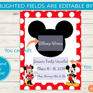 May include: Printable Disney World vacation announcement with Mickey Mouse and Minnie Mouse characters. The announcement is customizable with text fields for the destination, dates, and names of family members.