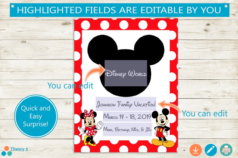 May include: Printable Disney World vacation announcement with Mickey Mouse and Minnie Mouse characters. The announcement is customizable with text fields for the destination, dates, and names of family members.