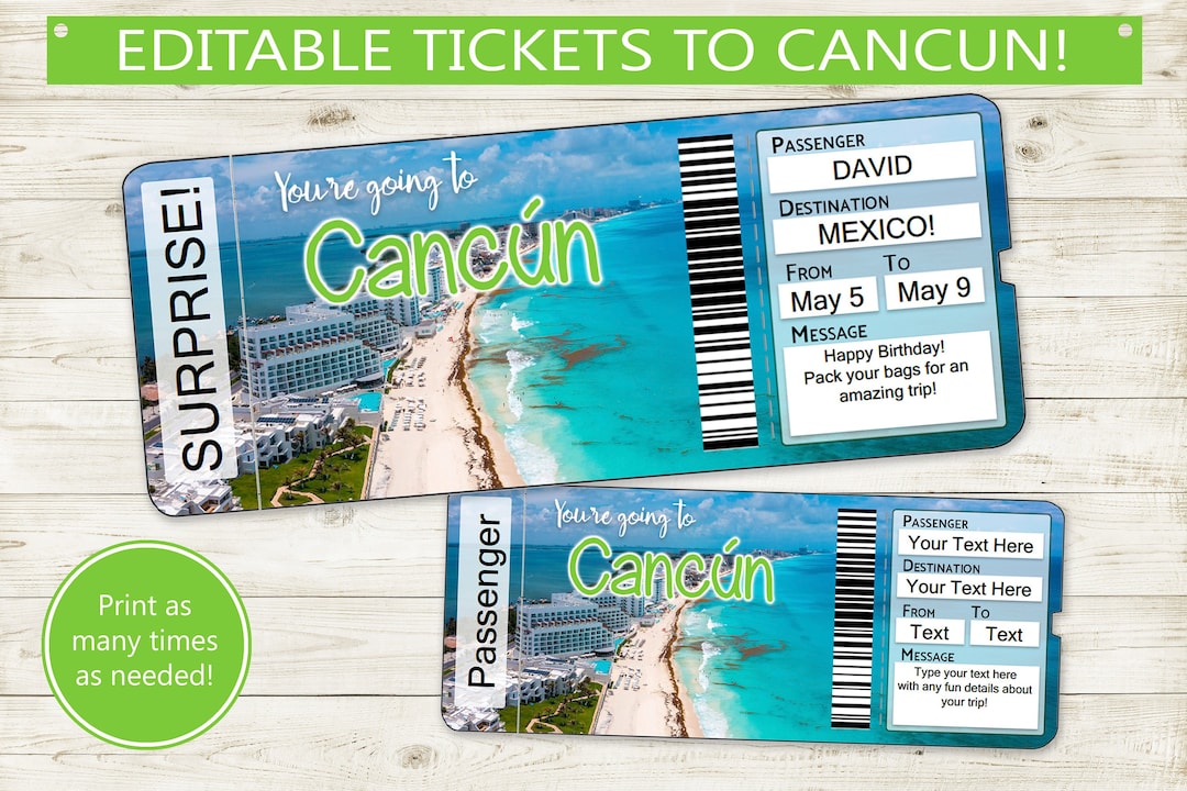 Custom Tickets to Cancun // Printable Adobe Editable PDF // Vacation