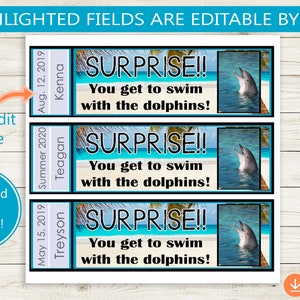 Swim With Dolphins Printable Surprise Reveal Tickets // Adobe Editable ...