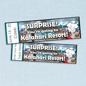 Entradas para el viaje sorpresa al Kalahari Resort // PDF editable en Adobe // sorpresa, vacaciones, hotel, fiesta personalizada, idea de regalo, vacaciones, piscina