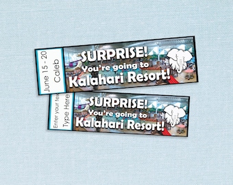 Kalahari Resort Surprise Trip Reveal-tickets // Adobe bewerkbare pdf // verrassing, vakantie, hotel, op maat gemaakt doe-het-zelffeest, cadeau-idee, vakantie, zwembad