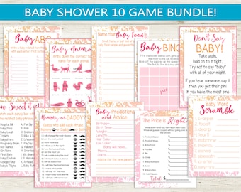 Baby Shower 10 Game Bundle // Printable games for baby shower, PDFs, editable, pink and orange, bundle package set, discount, signs, bingo