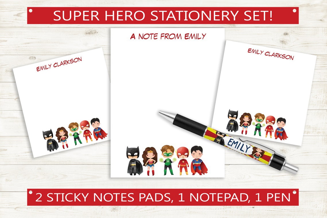 Custom Superhero Stationery Set 4 Items 2 Sticky Note - Etsy