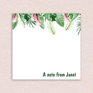 Personalized Sticky Notes with Custom Text and Tropical Leaves Design // 3x3 inch, 50 notes per pad, name gift idea customizable stationery