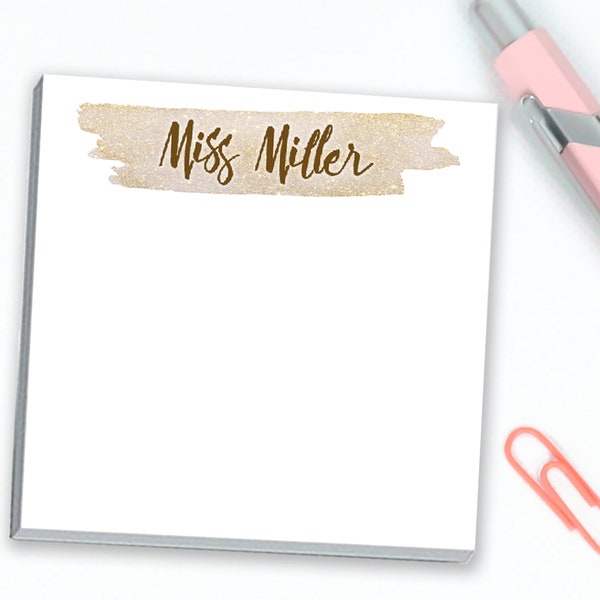 Personalized Sticky Notes with Custom Name and Gold Design // 3"x3", teacher gift idea, teacher appreciation gift idea stationery text paper