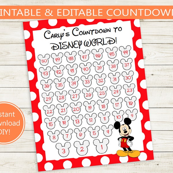 Vacation Countdown Editable PDF // custom name, 50 day countdown calendar, print from home, DIY, trip countdown, printable customizable red