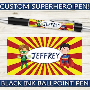 Custom Pen Superhero Design // Black ink ballpoint pen with personalized name // gift idea, teacher appreciation, character, fan, click