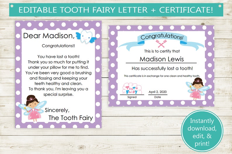 editable tooth fairy letter and certificate printable
