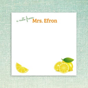 Custom Name Sticky Notes Lemon Design // 3" x 3", 3" x 4", 4" x 6" // personalize paper, teacher gift idea, cute memo pad, post, stationery
