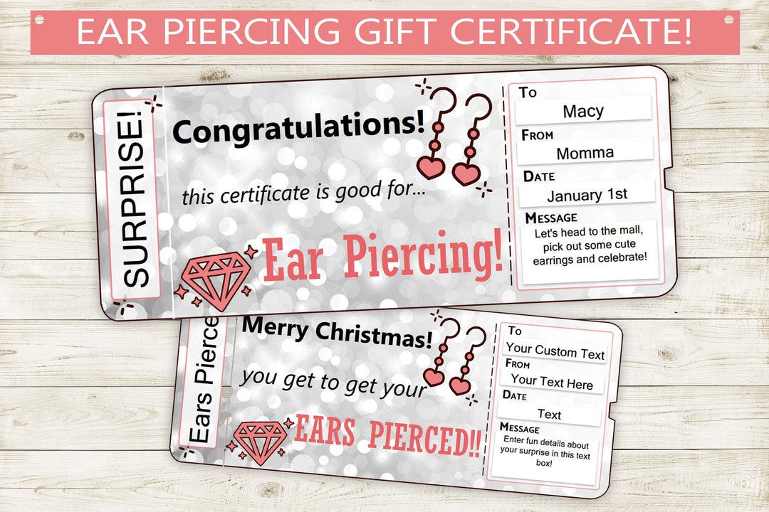 Ear Piercing Gift Certificate Voucher Printable Adobe Editable PDF Ready To Print Digital