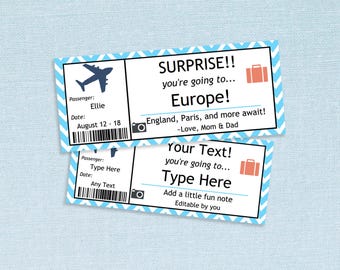 Editable PDF Surprise Tickets to Anywhere // Adobe editable PDF // flight, boarding pass, custom DIY, gift idea, vacation, template, plane