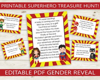 May include: Printable superhero treasure hunt game cards with red and yellow backgrounds. The cards feature illustrations of Superman, Wonder Woman, Batman, The Flash, and Green Lantern. The text on the cards reads: "It's super exciting! A baby is coming your way. Will it be a boy or a girl? You'll find out today! You must follow my clues around the house you'll go. Finally at the end the baby's gender you'll know. Now agree to this quest, your adventure will begin. Some favorite heroes will help you to win. Head to the coldest place in your house. You'll find a clue and hopefully not a mouse."