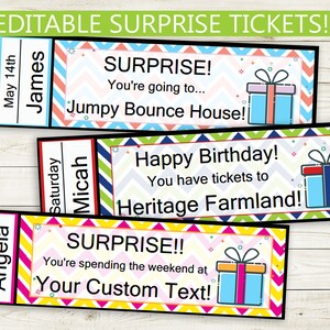 Editierbare PDF Surprise Tickets für jedes Geschenk // Adobe editierbare PDF // individuelle Tickets, personalisiert, anpassbar, Geschenkidee, Geburtstag bunt