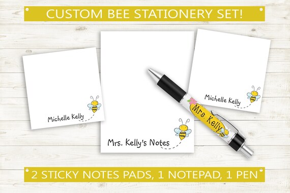 Personalized Bee Stationery Set 2 Sticky Note Pads 1 Pen 1 - Etsy