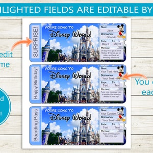 May include: Three printable Disney World ticket templates with Mickey Mouse illustrations. Each ticket has editable fields for name, destination, dates, and a message. The tickets feature a colorful image of Cinderella's Castle.