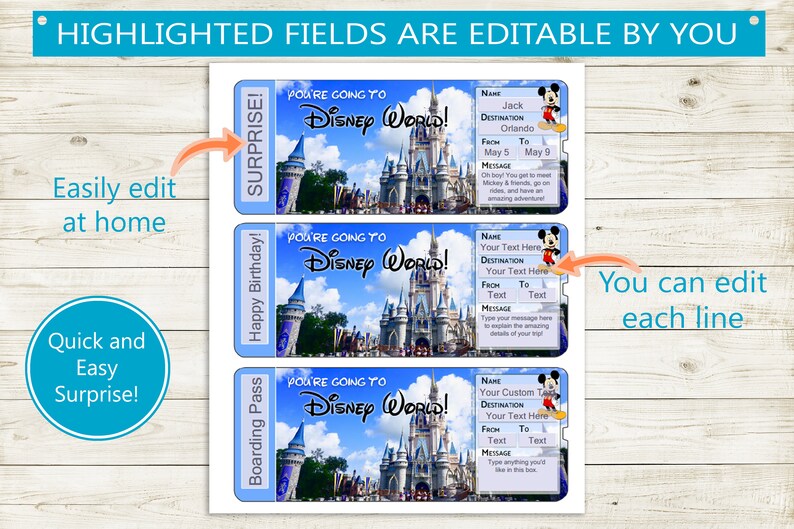 Disney World Custom Tickets Boarding Pass Surprise // Etsy