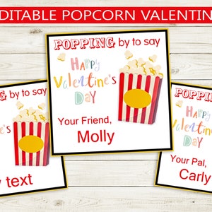 ポップコーンのバレンタインデーカード // すぐにダウンロードできるバレンタインの編集可能な名前 // 自宅から印刷、子供、印刷可能、愛、学校のかわいいお菓子バッグ
