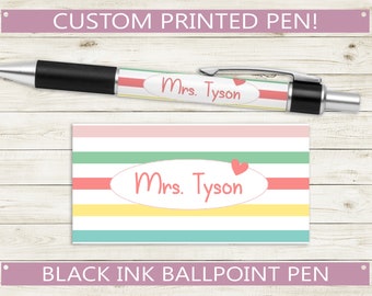 Custom Pen with Stripes and Hear Design // Personalized Black ink ballpoint pen // teacher appreciation gift idea, name present, stationery