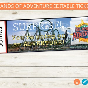 Islands of Adventure Surprise Trip Reveal Tickets // Adobe PDF éditable // surprise, vacances, hôtel, idée cadeau personnalisée, Universal Studios