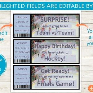 Printable and Editable Hockey Tickets // Adobe PDF, Surprise Game Tickets Stub Birthday Present ...