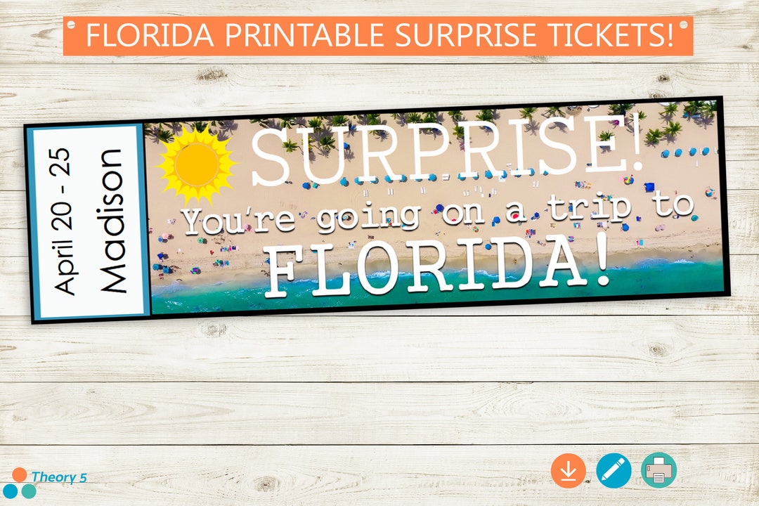 Printable SURPRISE Tickets to Florida // Adobe Editable PDF // Vacation