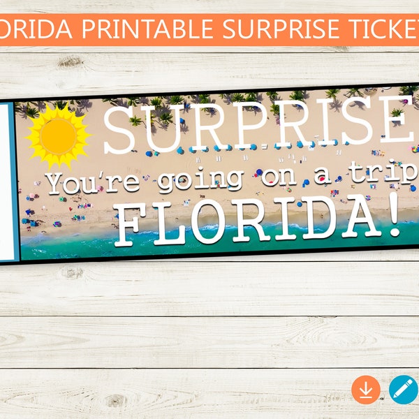 Printable SURPRISE Tickets to Florida // Adobe Editable PDF // Vacation Reveal, trip to Florida, customize, DIY, digital file coupon gift