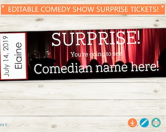 SURPRISE Comedy Show Printable Tickets // Adobe Reader Editable PDF // Instant Download DIY comedian reveal custom names gift idea template