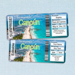 Custom tickets to Cancun // Printable Adobe Editable PDF // vacation reveal, trip surprise customize digital file, boarding pass name mexico