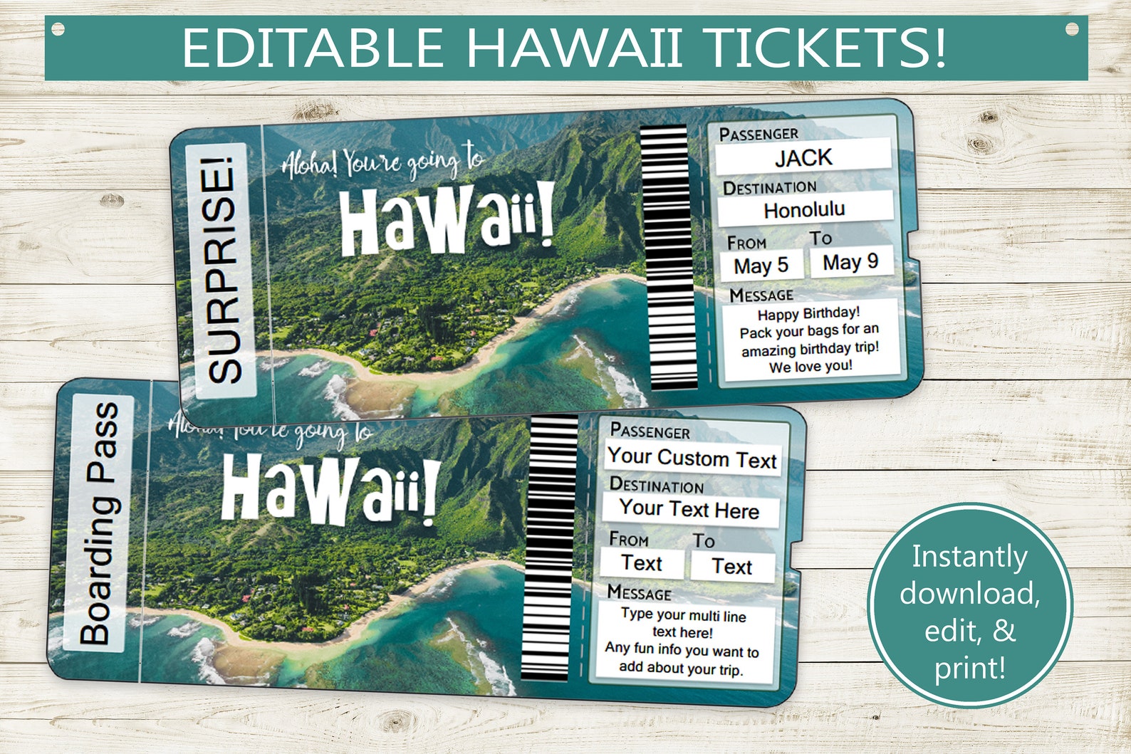 Custom Tickets to Hawaii // Printable Adobe Editable PDF // Etsy